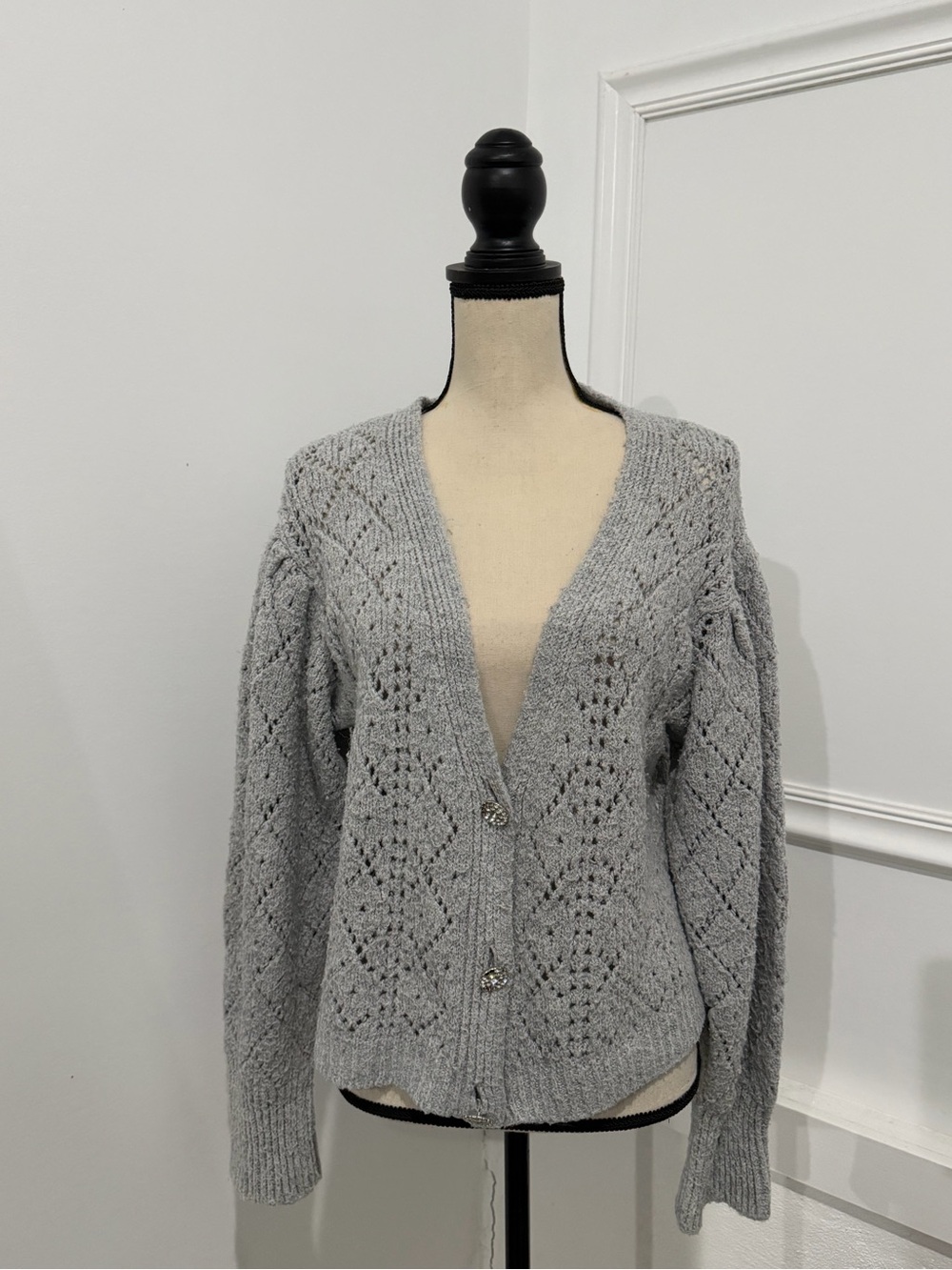 Anthropologie Gray Openwork V-Neck Knit Cardigan